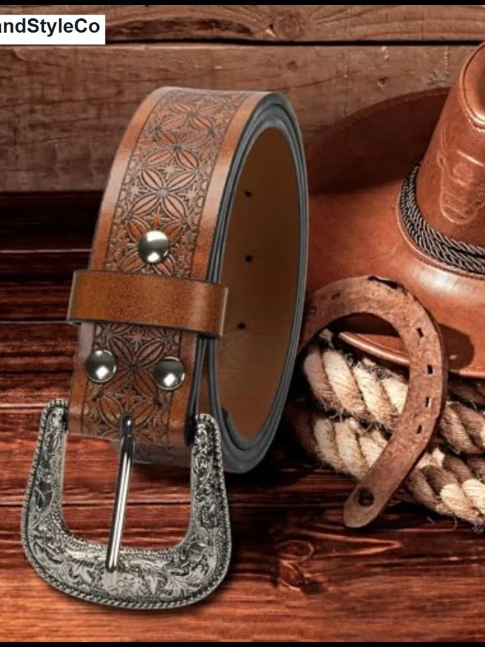 Women Western Cowgirl PU Leather Belt Vintage Carved Buckle